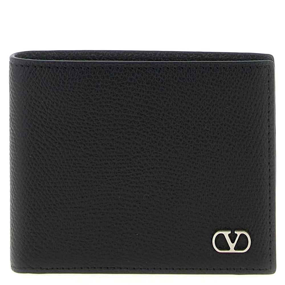 Valentino Black Leather Bi-Fold Wallet with Silver VLogo